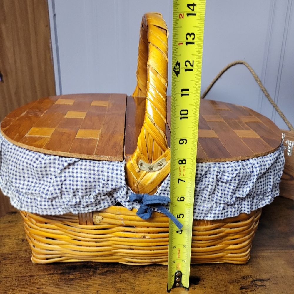 Vintage 1950s Wicker Picnic Basket w/Blue Gingham Lining double lided - Picture 11 of 16